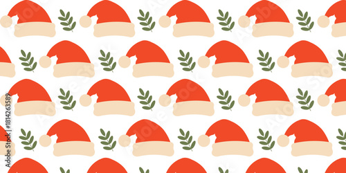Charming, hand-drawn style seamless pattern featuring orange-red Santa Claus hats and simple green leafy sprigs on a white background. Perfect for cozy Christmas themes, hygge decor, winter greeting c