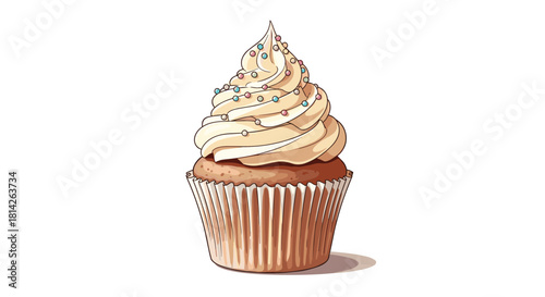 A delicious cupcake with creamy frosting and colorful sprinkles sits against a white background.
