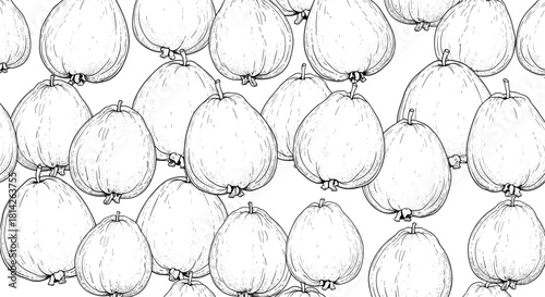 Seamless pattern of hand-drawn guavas in black and white sketch style.