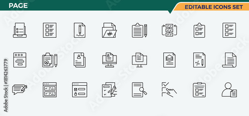 Page icon collection. Includes symbols for form, report, data, document, text and more. Form icon set. Collection of simple line web icons. Editable vector illustration.