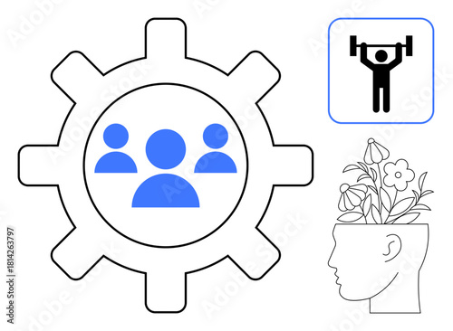 Gear with a group icon for teamwork, brain with flowers symbolizing personal growth, weightlifter icon for strength. Ideal for collaboration, self-improvement, growth mindset, fitness, mental health