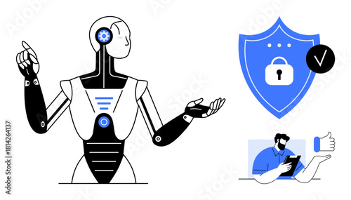 Robot gestures near shield with lock, tick icon, and thumbs-up user icon. Ideal for AI, cybersecurity, innovation, approval, technology protection and user trust themes. A simple flat metaphor