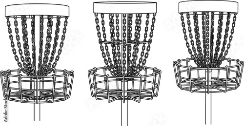 Disc golf basket line art vector set, collection of target or hole with chains and cage, outdoor flying disc sport, recreational game equipment graphic
