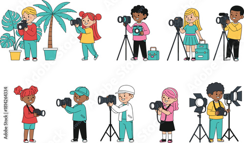 Children, photography, cameras, tripods, studio lights, creative learning, kids workshop, colorful clothes, photo class, posing, playful, educational, teamwork, young photographers, plant photography