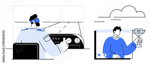 Pilot operating aircraft controls in cockpit alongside digital display of person holding trophy. Ideal for aviation, virtual reality, remote operations, online success, teamwork, futuristic