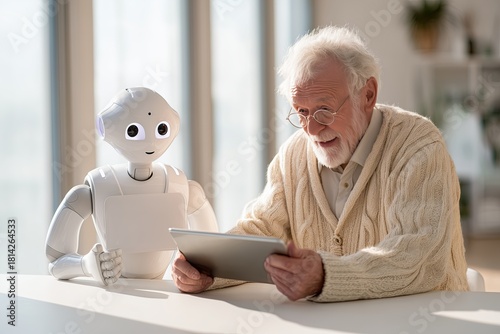 Senior Person Enjoying a Book While Humanoid Care Robot Reads Along in Bright Living Room