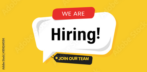 Yellow background with we are hiring message in a white speech bubble and join our team tag line