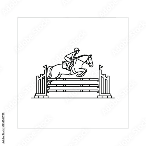 Line drawing of a horse and rider jumping over an obstacle isolated on