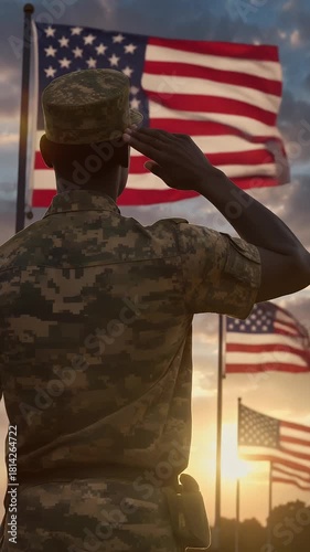 Patriotic veteran saluting the flag during a veterans day or memorial day celebration at sunset, honoring military service and sacrifice