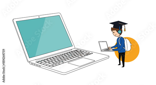 Cartoon student in graduation cap and headphones using a laptop, with a larger laptop in the foreground.