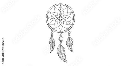 Black and white sketch of a dreamcatcher with feathers and beads hanging down.