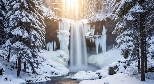 Frozen waterfall in snowy winter forest scene
