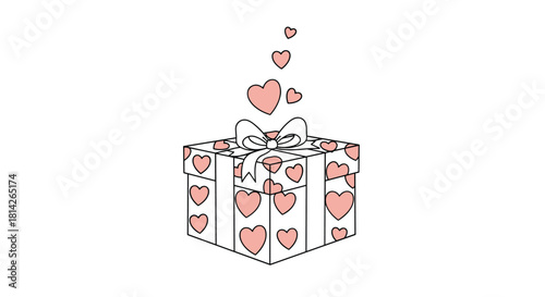 A pink heart-covered gift box with a white bow and hearts floating from the top.