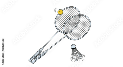 Two badminton racquets, a shuttlecock, and a ball in mid-air, isolated on a white background.