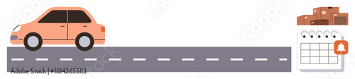 Orange car on a road next to stacked packages and a calendar with a reminder icon. Ideal for delivery, logistics, e-commerce, planning, time management, schedule tracking, simple flat metaphor