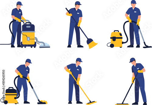 Cleaning professionals illustration, janitor characters, cartoon workers, vacuuming, sweeping, mopping, carpet cleaning, hygiene tools, vector set, service icons