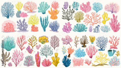 A colorful coral illustration set featuring vibrant tropical ocean plants and reef elements. Ideal for underwater themes, marine patterns, decorative artwork, and coastal designs.