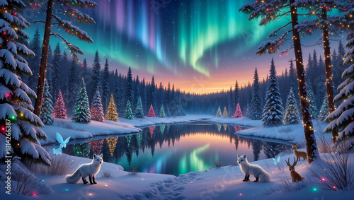 a winter landscape with northern lights, animals and Christmas lights