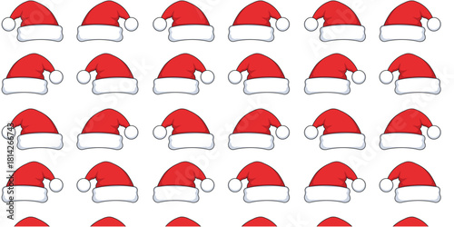 Clean, minimalist seamless pattern of festive red and white Santa Claus hats repeated across a bright white background. Excellent for Christmas product packaging, greeting cards, website headers, and 