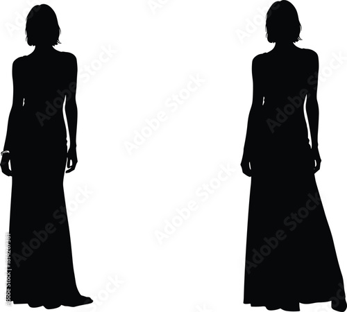 Black silhouette of two identical standing figures in long dress, facing forward with arms relaxed, minimalistic design