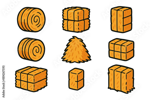 Collection of illustrated hay bales and stacks in various shapes and sizes, representing rural farming and agricultural themes