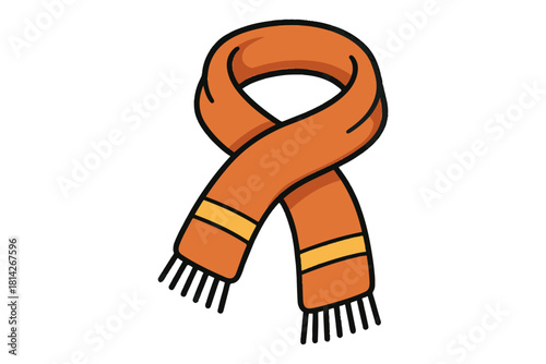 A cozy orange winter scarf with yellow stripes, hand-drawn in a simple cartoon doodle style. Isolated vector illustration of warm neckwear for cold weather and autumn