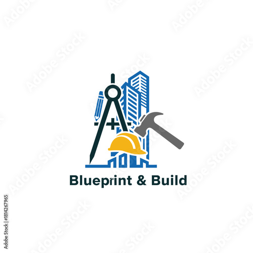 A construction-themed logo featuring drafting tools, a hard hat, a hammer, and building silhouettes, symbolizing architectural planning, structure design, and building services.