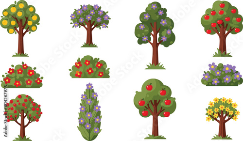 Fruit trees, flowering bushes, botanical illustration, stylized plants, nature grid, garden elements, colorful foliage, seasonal flora