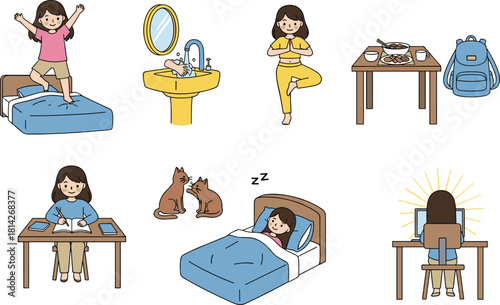 Girl daily routine, morning stretch, hand washing, yoga pose, healthy habits, meal time, study desk, sleeping, computer work, cartoon style