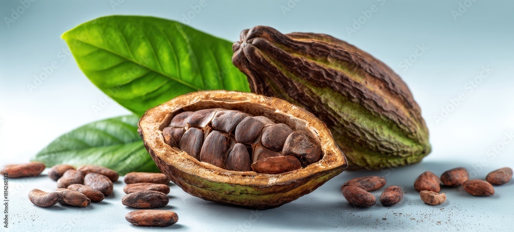 Obraz premium The cocoa pod with exposed beans and green leaves on a light background