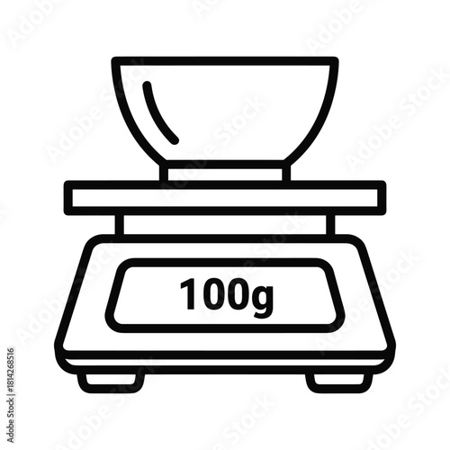 Line art icon of a digital kitchen scale displaying 100 grams, symbolizing precise food measurement