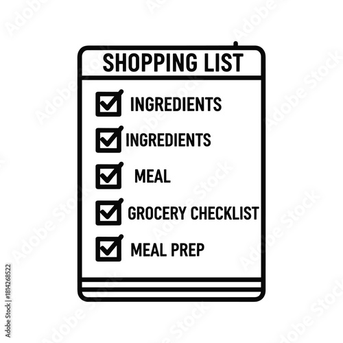 Line art icon of a shopping list with checked items, representing grocery planning and meal preparation