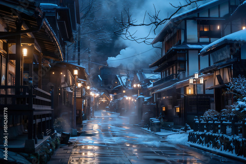 冬の温泉街の夜景