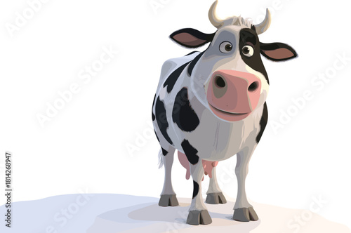 Cartoon-style cow illustration with black spots, pink snout, and cheerful expression on light blue shadow surface