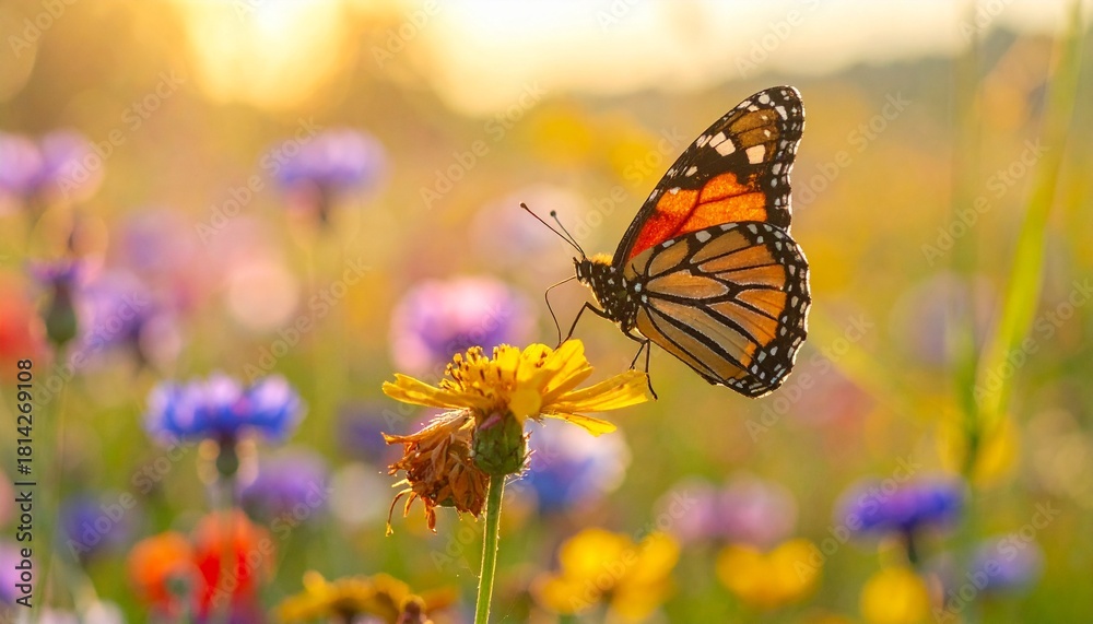 Fototapeta premium Monarch butterfly on wildflower in summer meadow at sunset, nature's peaceful beauty