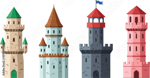 Medieval castle towers, fantasy architecture, stylized fortress design, colorful turrets, fairytale buildings, historic structures, whimsical castles, game assets, vector illustration