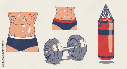 Illustration of a muscular torso, a pair of abs, a dumbbell, and a punching bag, representing fitness and exercise.
