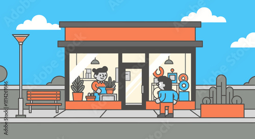 An illustration depicting a person tending to plants inside a storefront while another person looks in from the sidewalk.