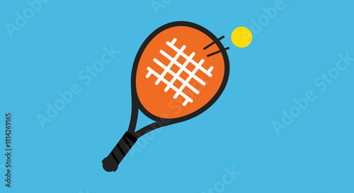 Tennis racket hitting a ball on a blue background, vector illustration.