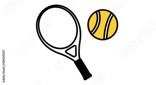 Illustration of a tennis racket and tennis ball, simple black and white drawing with yellow ball.