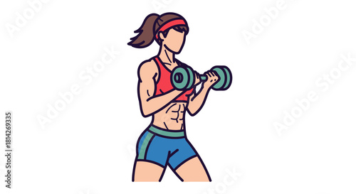 A muscular woman with a ponytail, wearing a red sports bra and blue shorts, is performing a bicep curl with a dumbbell.