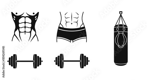 A collection of fitness-related icons including a muscular torso, abs, dumbbells, and a punching bag.