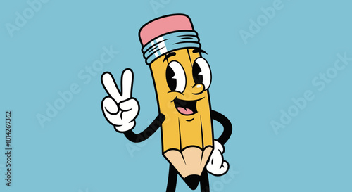 A cheerful cartoon pencil character with a pink eraser, white gloves, and a happy expression, making a peace sign against a light blue background.