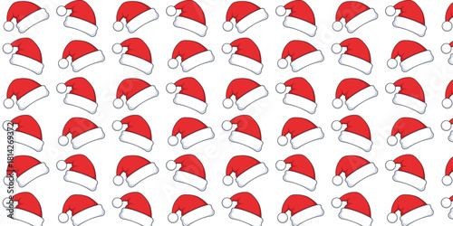 Clean, minimalist seamless pattern of festive red and white Santa Claus hats repeated across a bright white background. Excellent for Christmas product packaging, greeting cards, website headers, and 