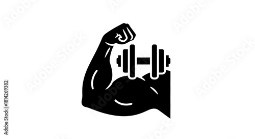 Black silhouette of a muscular arm holding a dumbbell, representing strength and fitness.