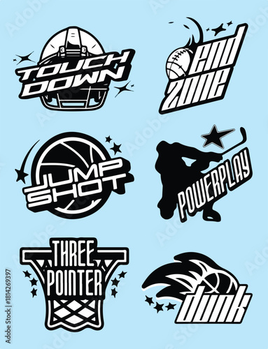 Stylized Sports Action Graphics Featuring Football, Basketball, and Hockey Terms
