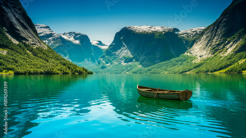 Small wooden rowboat floating on vibrant turquoise water of a norwegian fjord
