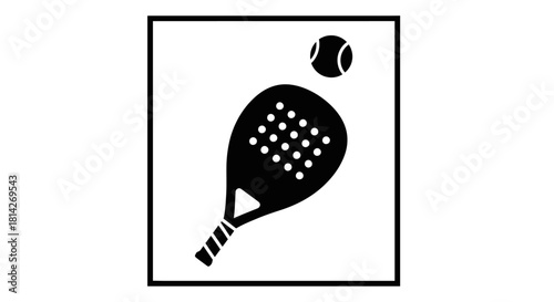 A black and white illustration of a padel racket and ball within a square frame.