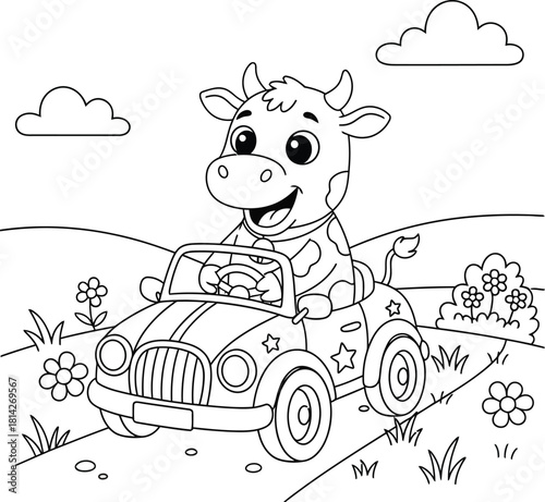 Cute Cartoon Cow Driving a Little Car – Fun Kids Coloring Page with Outdoor Scenery, Flowers, Clouds, and Playful Farm-Themed Illustration for Children’s Activity Books