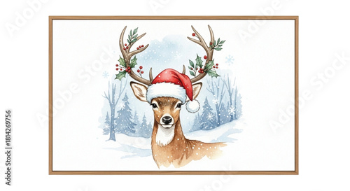 Vintage Christmas Deer with Santa Hat in Snowy Forest Framed Watercolor Illustration